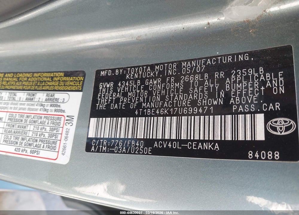 2007 TOYOTA CAMRY LE VIN: 4T1BE46K17U699471