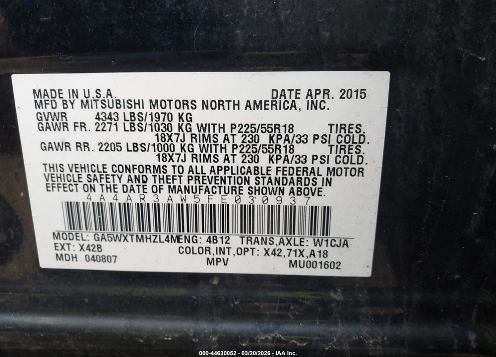 2015 MITSUBISHI OUTLANDER SPORT ES VIN: 4A4AR3AW5FE030937
