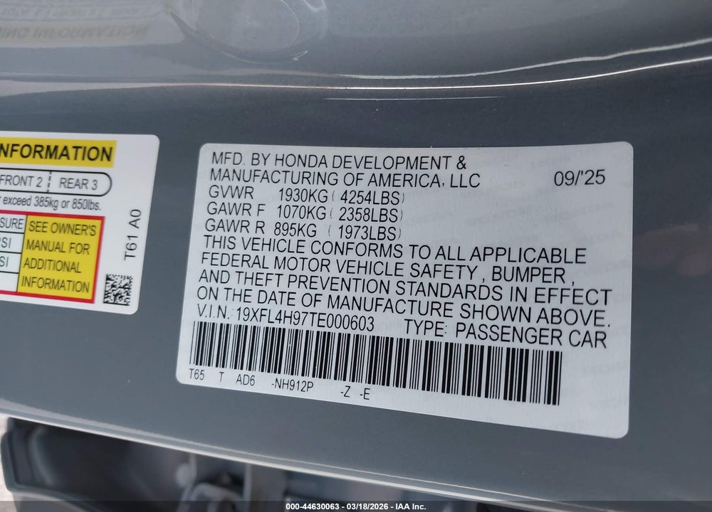 2026 HONDA CIVIC HYBRID SPORT TOURING VIN: 19XFL4H97TE000603