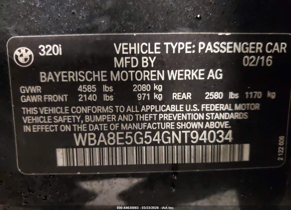 2016 BMW 320I XDRIVE VIN: WBA8E5G54GNT94034