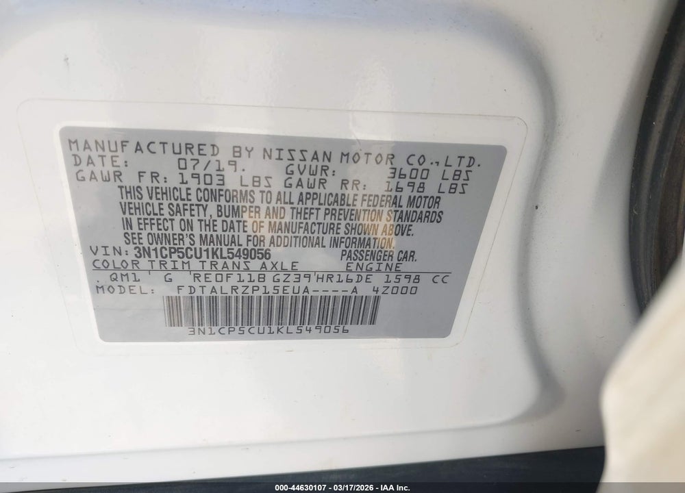 2019 NISSAN KICKS S VIN: 3N1CP5CU1KL549056