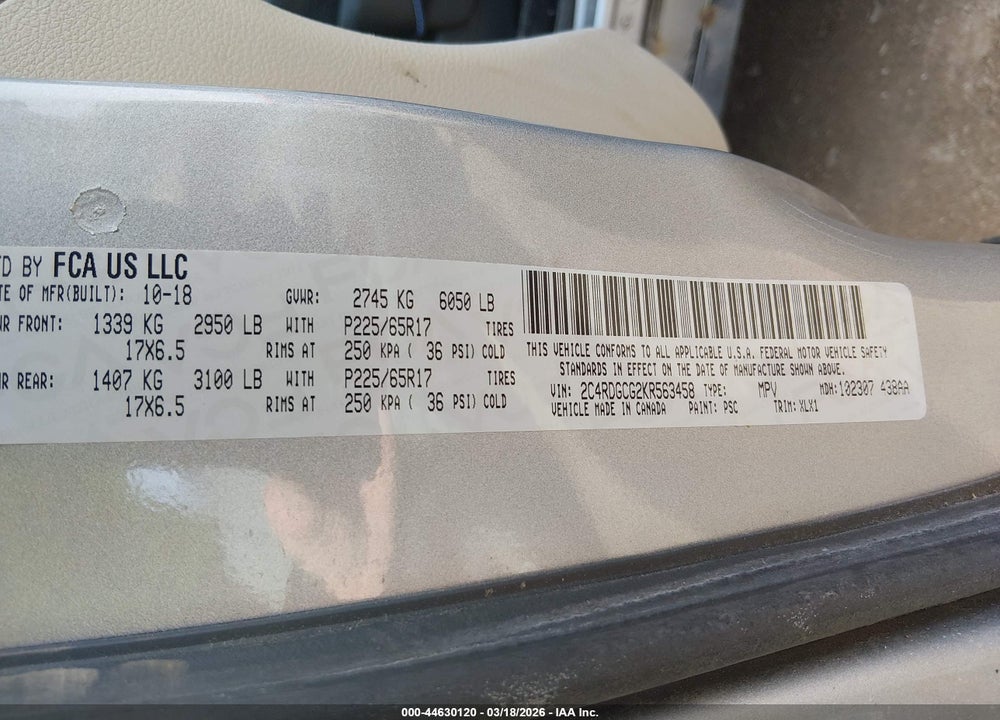 2019 DODGE GRAND CARAVAN SXT VIN: 2C4RDGCG2KR563458