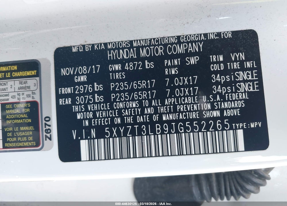 2018 HYUNDAI SANTA FE SPORT 2.4L VIN: 5XYZT3LB9JG552265