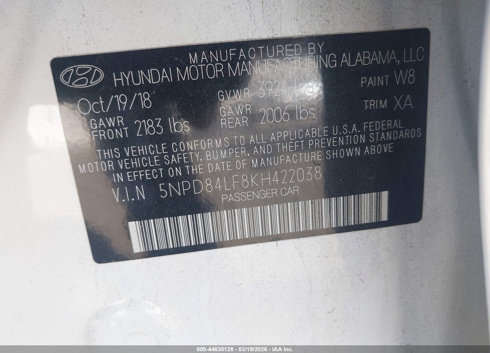 2019 HYUNDAI ELANTRA VALUE EDITION VIN: 5NPD84LF8KH422038