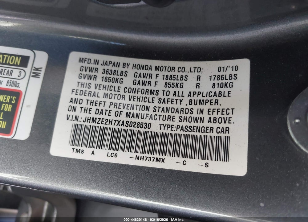 2010 HONDA INSIGHT EX VIN: JHMZE2H7XAS028530
