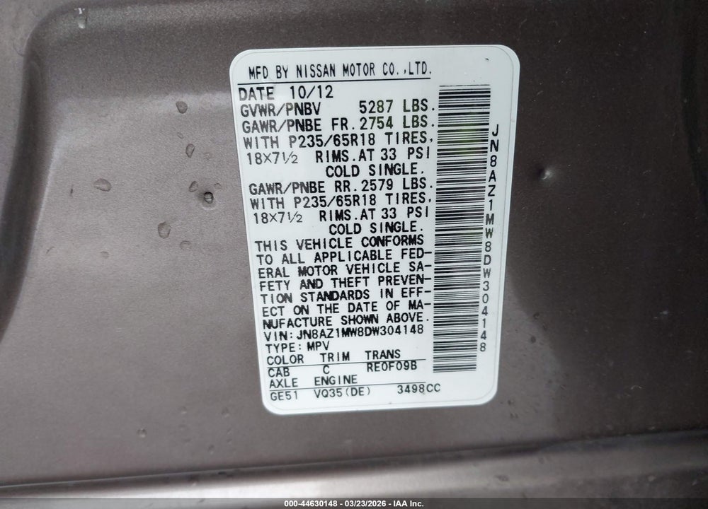 2013 NISSAN MURANO SL VIN: JN8AZ1MW8DW304148