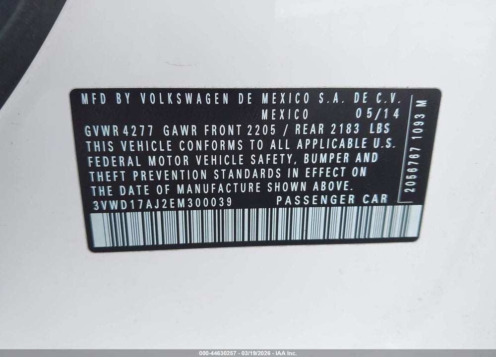 2014 VOLKSWAGEN JETTA 1.8T SE VIN: 3VWD17AJ2EM300039