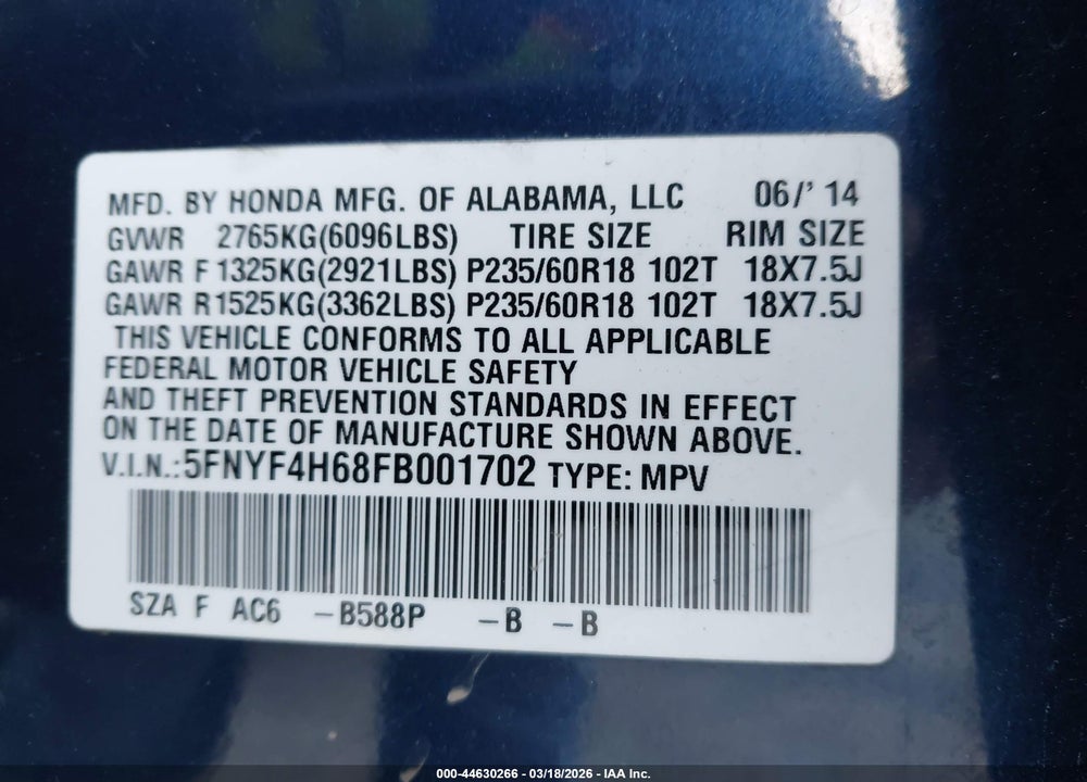 2015 HONDA PILOT EX-L VIN: 5FNYF4H68FB001702