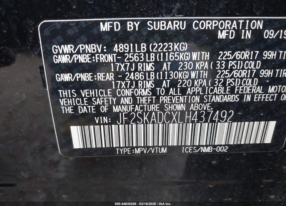 2020 SUBARU FORESTER VIN: JF2SKADCXLH437492