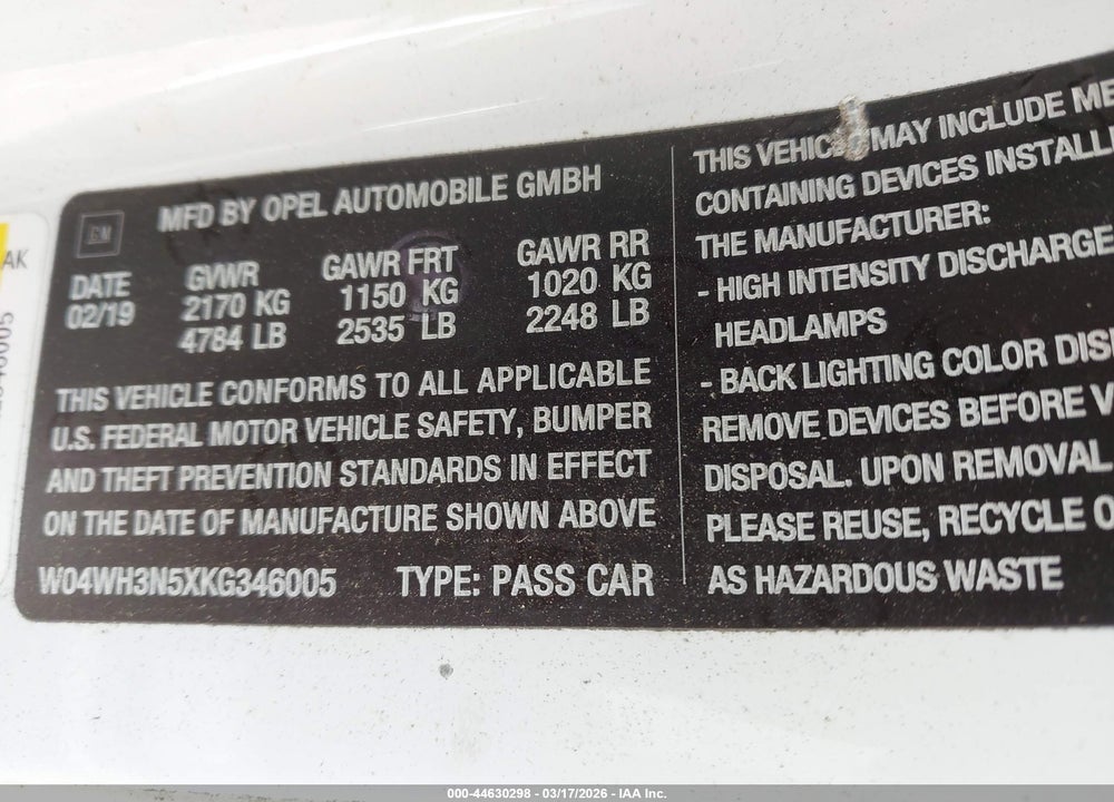 2019 BUICK CASCADA PR VIN: W04WH3N5XKG346005