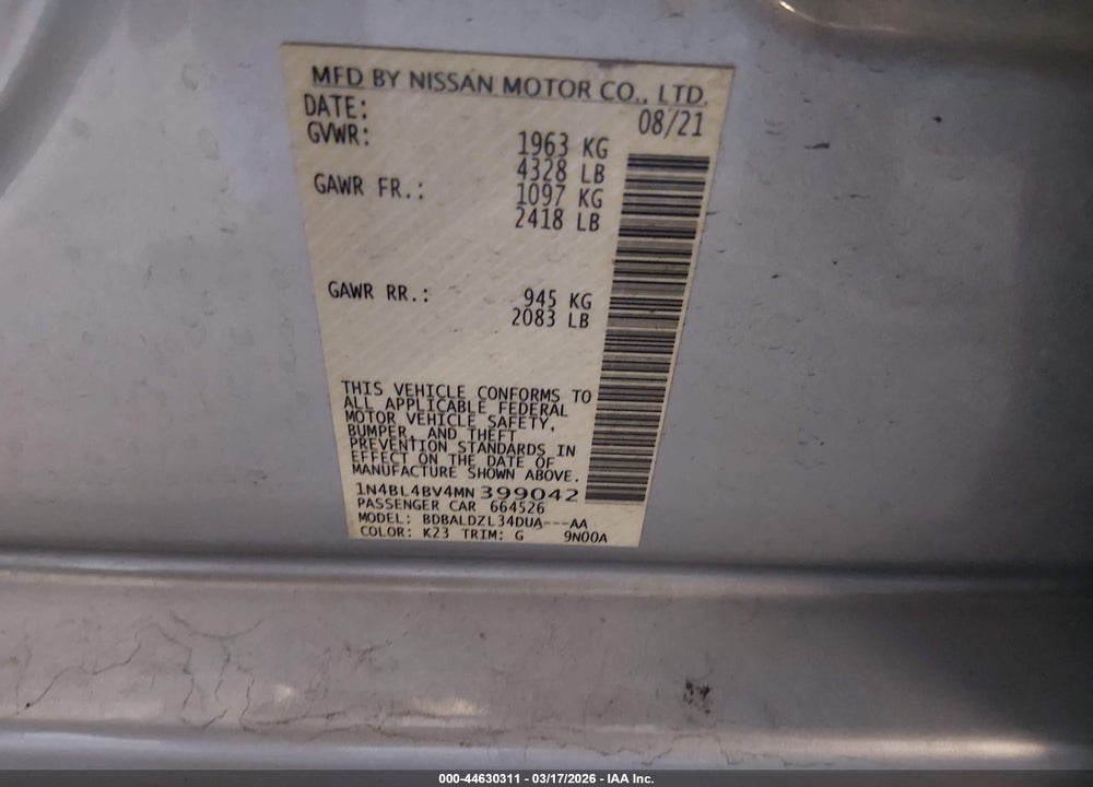 2021 NISSAN ALTIMA S FWD VIN: 1N4BL4BV4MN399042