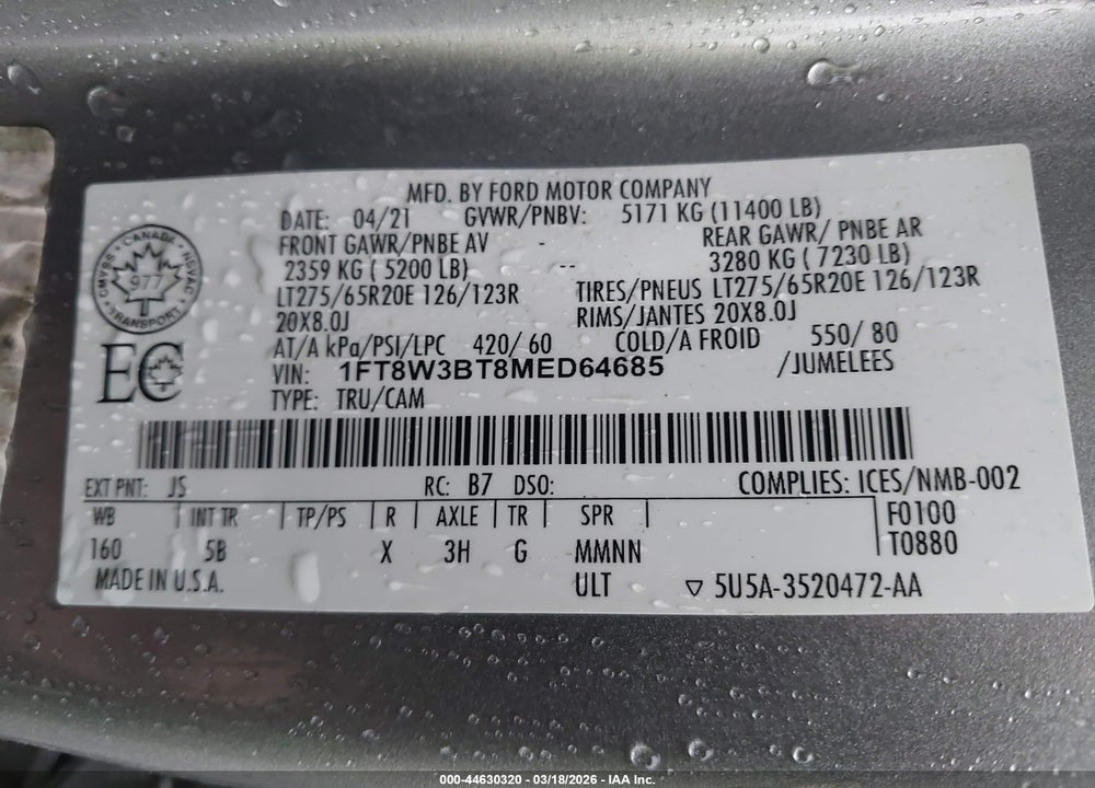 2021 FORD F-350 LARIAT VIN: 1FT8W3BT8MED64685