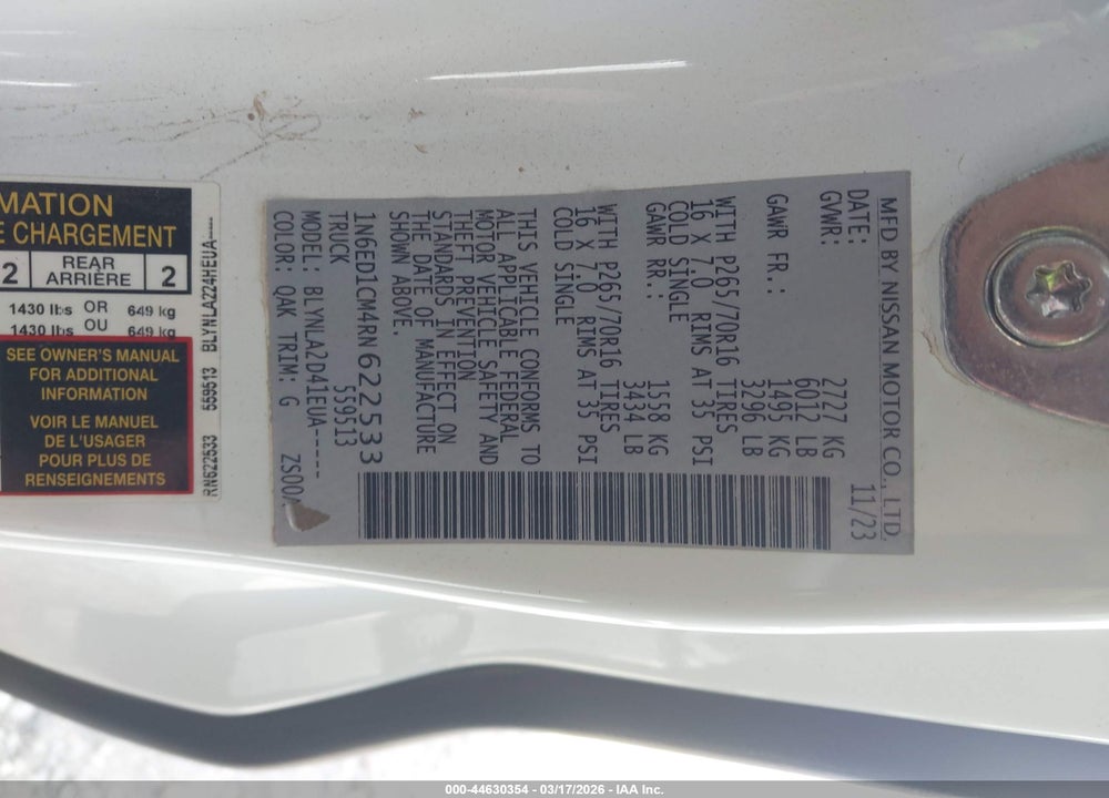 2024 NISSAN FRONTIER KING CAB S 4X4 VIN: 1N6ED1CM4RN622533