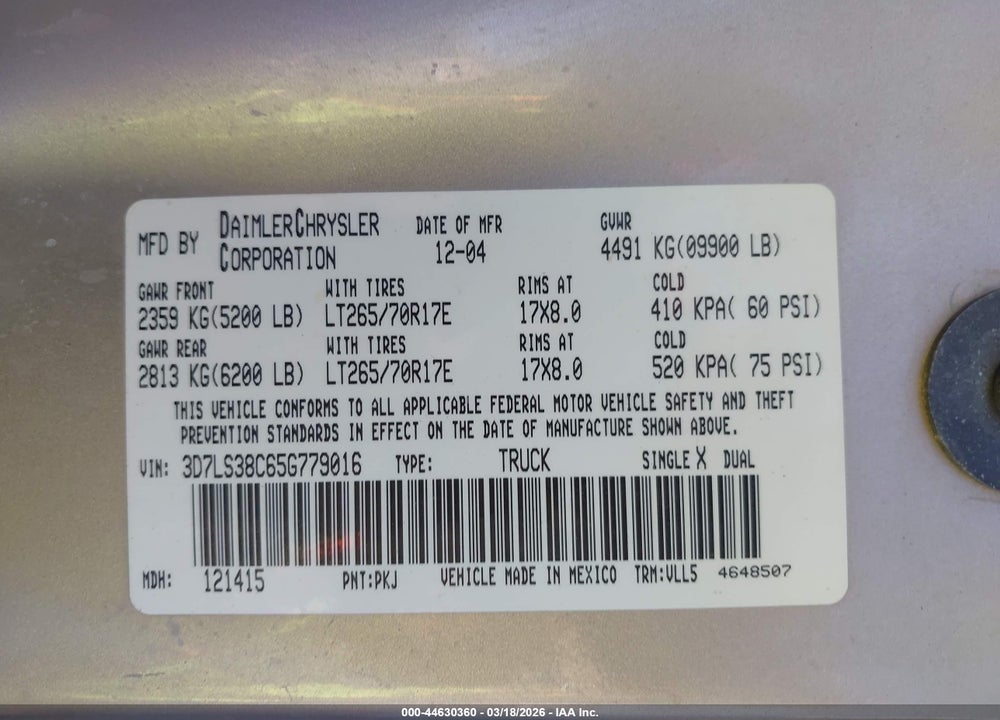 2005 DODGE RAM 3500 SLT/LARAMIE VIN: 3D7LS38C65G779016