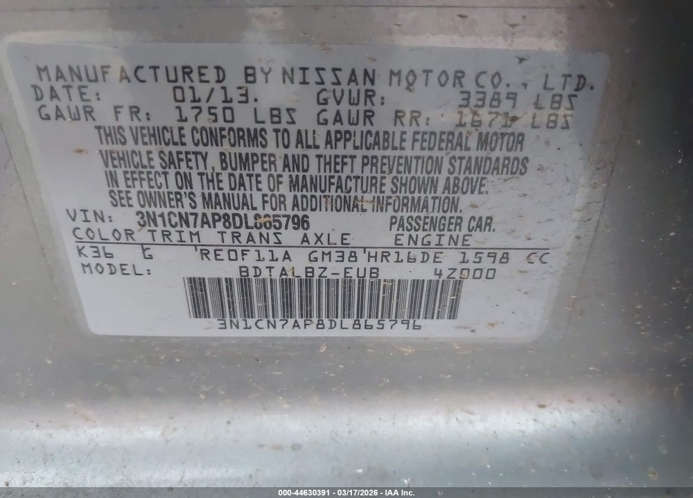 2013 NISSAN VERSA 1.6 SV VIN: 3N1CN7AP8DL865796