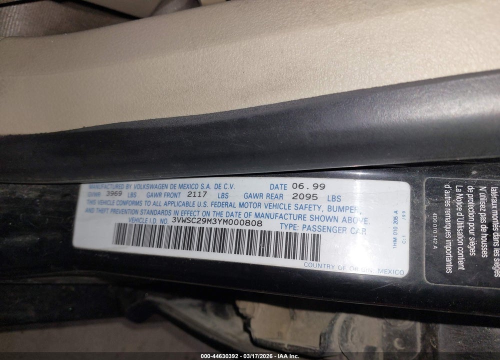 2000 VOLKSWAGEN JETTA GLS VIN: 3VWSC29M3YM000808