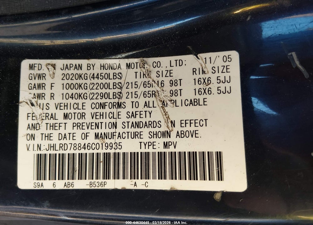 2006 HONDA CR-V EX VIN: JHLRD78846C019935