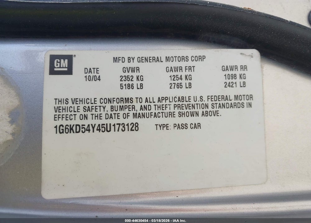 2005 CADILLAC DEVILLE STANDARD VIN: 1G6KD54Y45U173128