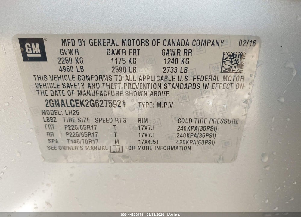2016 CHEVROLET EQUINOX LT VIN: 2GNALCEK2G6275921