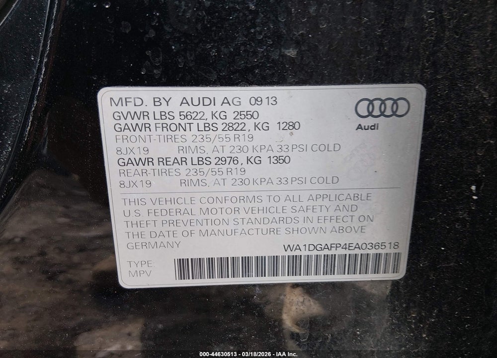 2014 AUDI Q5 3.0T PREMIUM PLUS VIN: WA1DGAFP4EA036518