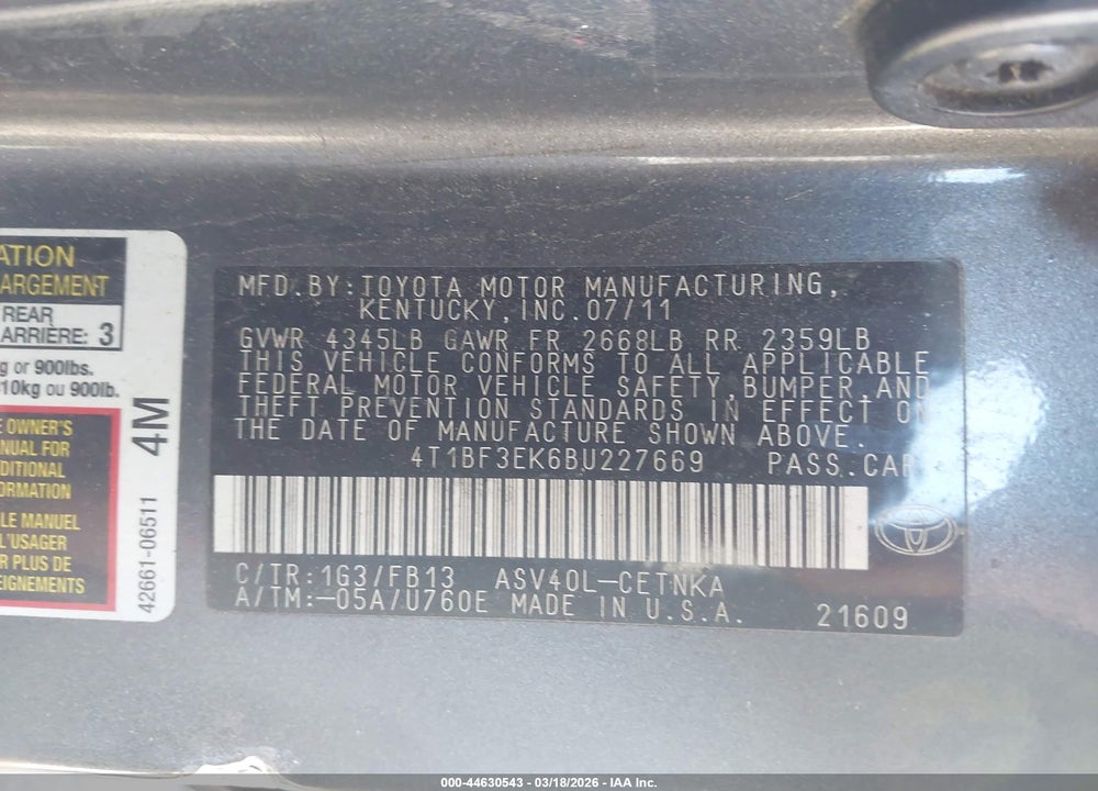 2011 TOYOTA CAMRY LE VIN: 4T1BF3EK6BU227669