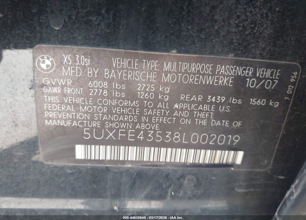 2008 BMW X5 3.0SI VIN: 5UXFE43538L002019