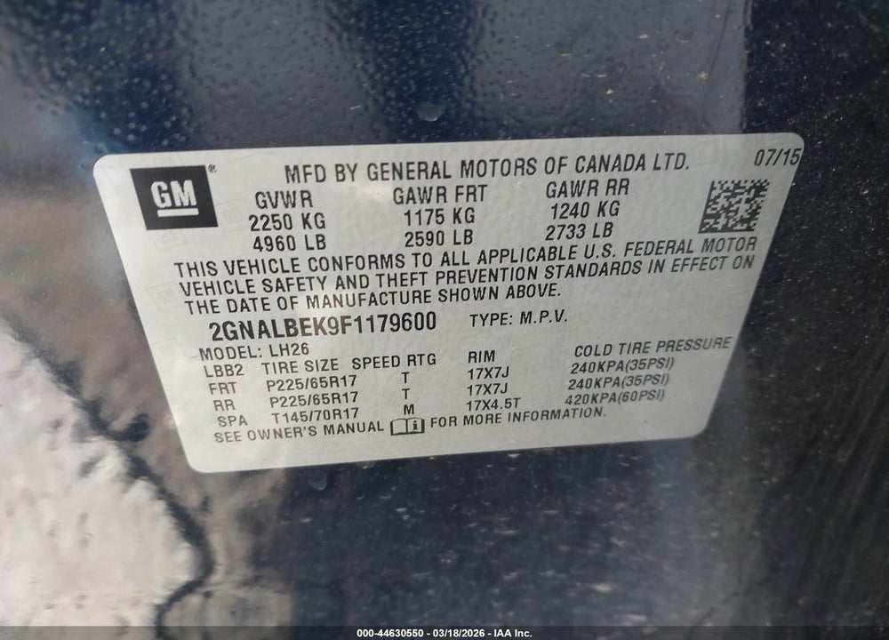 2015 CHEVROLET EQUINOX 1LT VIN: 2GNALBEK9F1179600