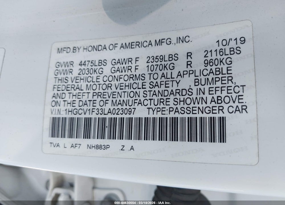 2020 HONDA ACCORD SPORT VIN: 1HGCV1F33LA023097