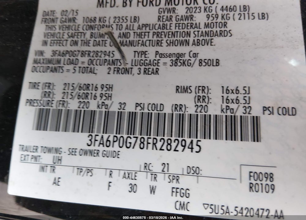 2015 FORD FUSION S VIN: 3FA6P0G78FR282945