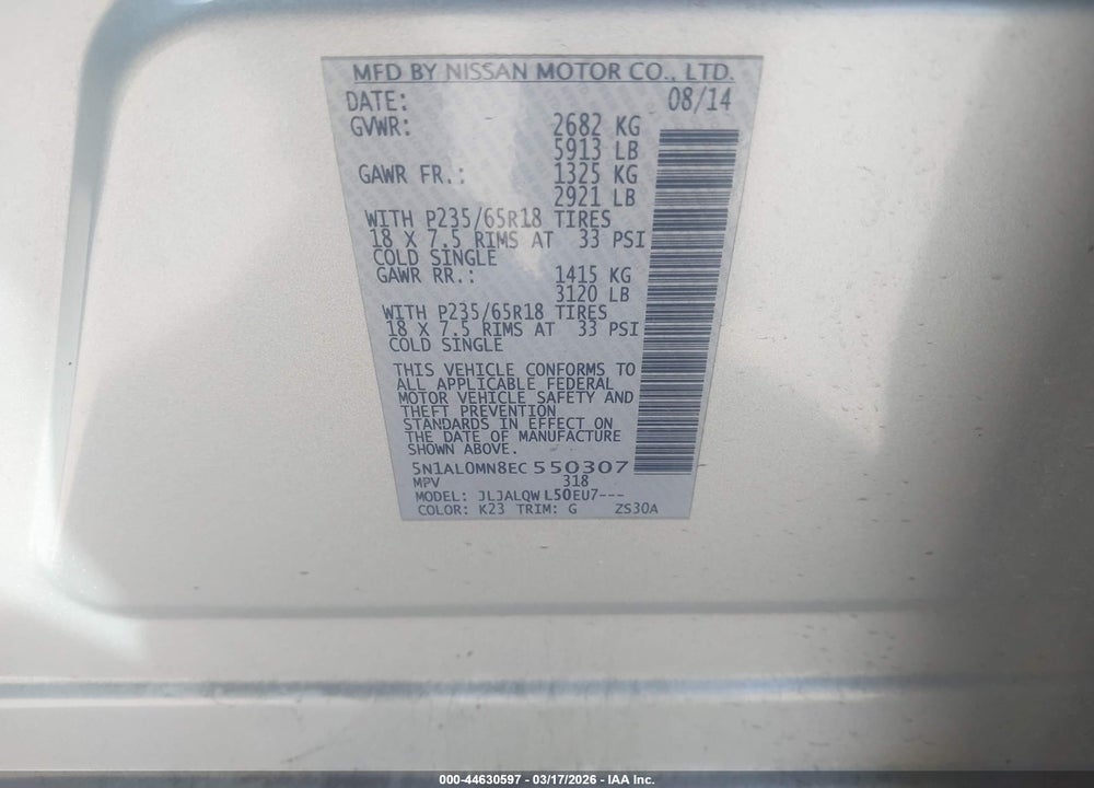 2014 INFINITI QX60 VIN: 5N1AL0MN8EC550307