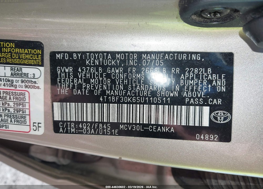 2005 TOYOTA CAMRY LE V6 VIN: 4T1BF30K65U110511