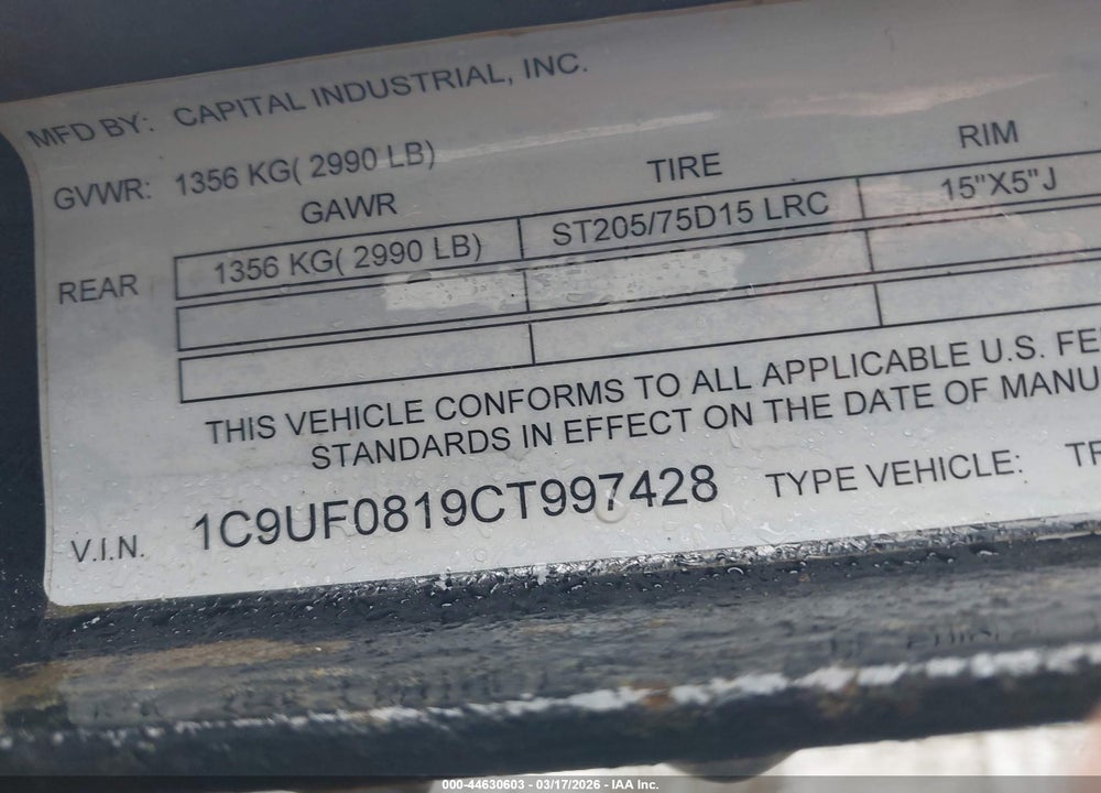 2012 CAPITAL TRAILER VIN: 1C9UF0819CT997428
