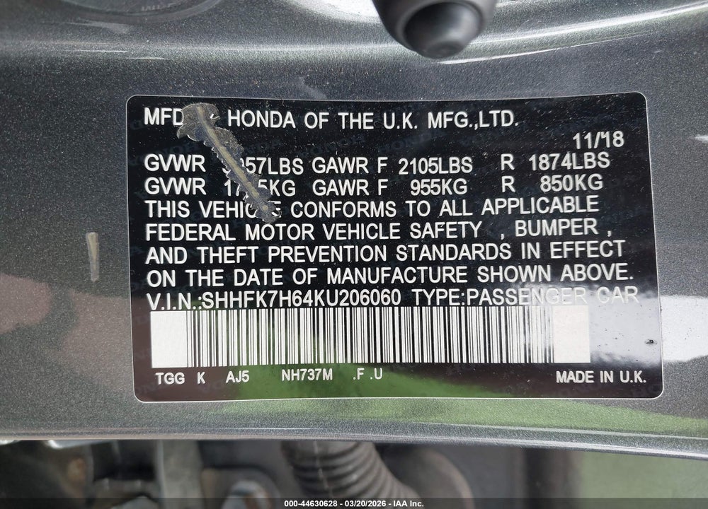 2019 HONDA CIVIC EX VIN: SHHFK7H64KU206060