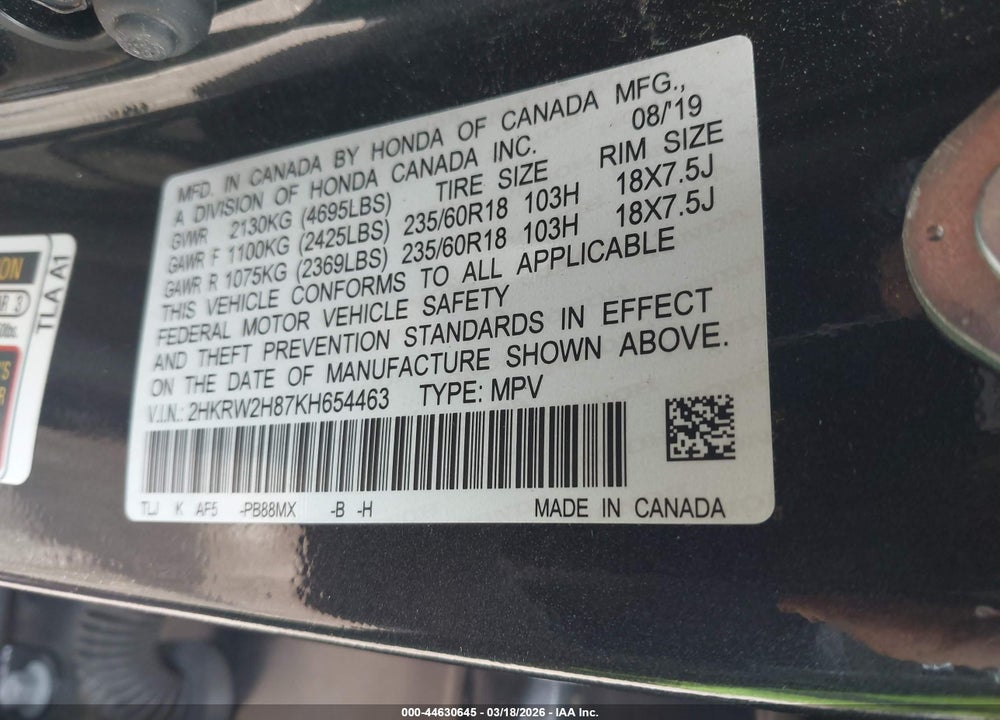 2019 HONDA CR-V EX-L VIN: 2HKRW2H87KH654463