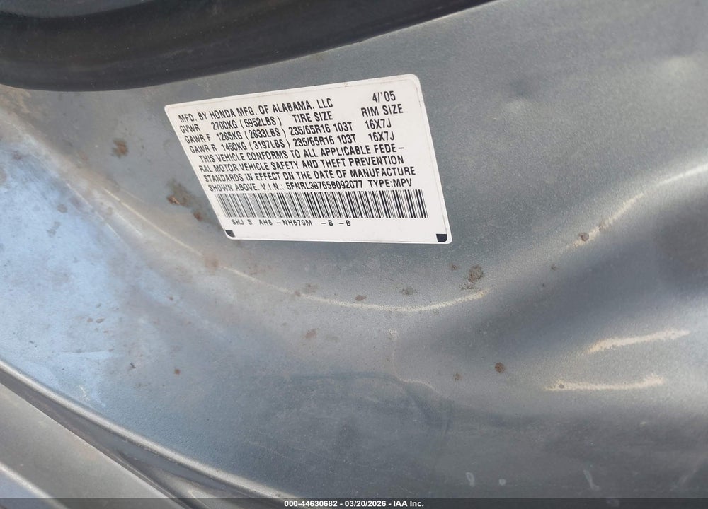 2005 HONDA ODYSSEY EX-L VIN: 5FNRL38765B092077