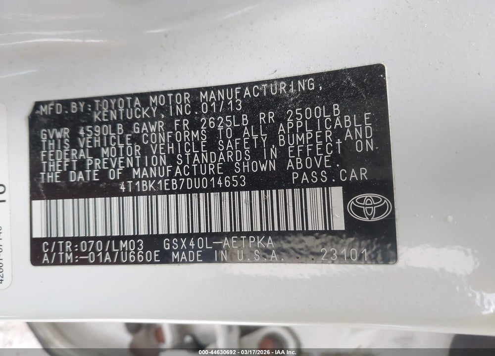 2013 TOYOTA AVALON LIMITED VIN: 4T1BK1EB7DU014653