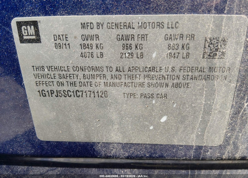 2012 CHEVROLET CRUZE ECO VIN: 1G1PJ5SC1C7171120