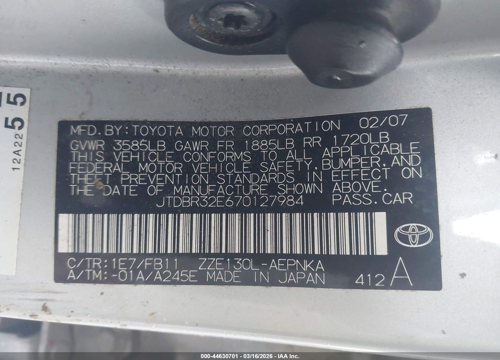 2007 TOYOTA COROLLA LE VIN: JTDBR32E670127984