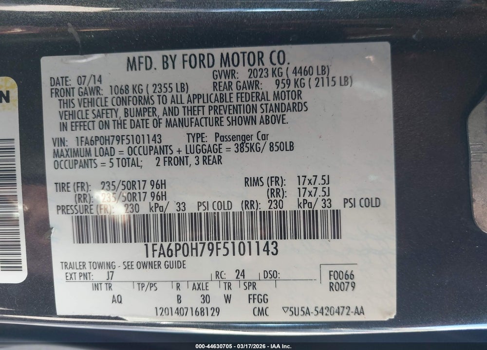 2015 FORD FUSION SE VIN: 1FA6P0H79F5101143