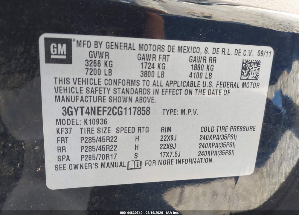 2012 CADILLAC ESCALADE EXT PREMIUM VIN: 3GYT4NEF2CG117858