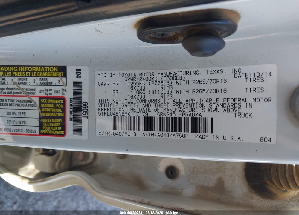 2015 TOYOTA TACOMA BASE V6 VIN: 5TFLU4EN5FX117179