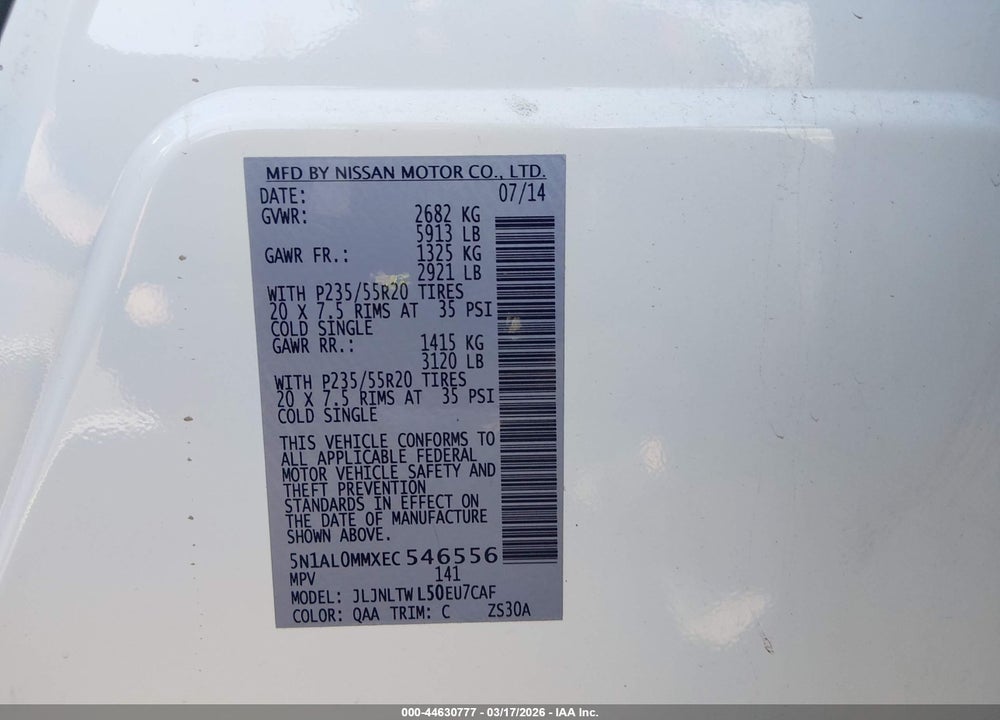 2014 INFINITI QX60 VIN: 5N1AL0MMXEC546556