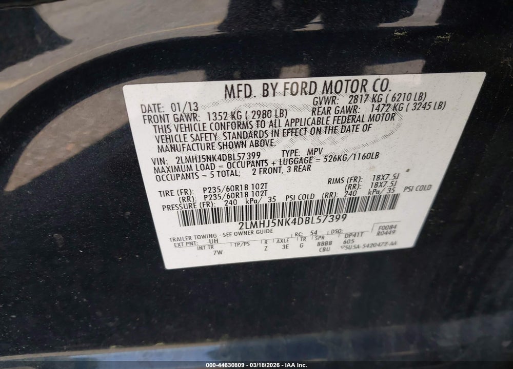 2013 LINCOLN MKT LIVERY VIN: 2LMHJ5NK4DBL57399