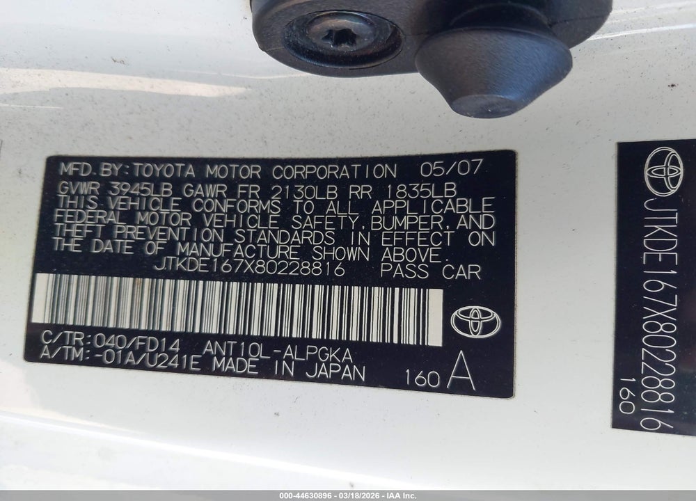 2008 SCION TC VIN: JTKDE167X80228816