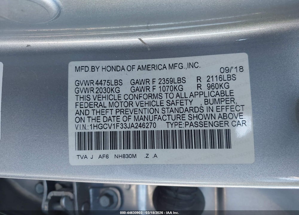 2018 HONDA ACCORD SPORT VIN: 1HGCV1F33JA246270
