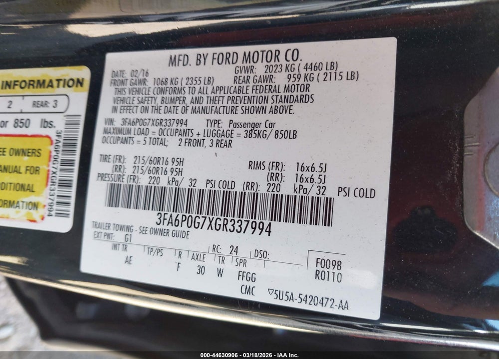 2016 FORD FUSION S VIN: 3FA6P0G7XGR337994