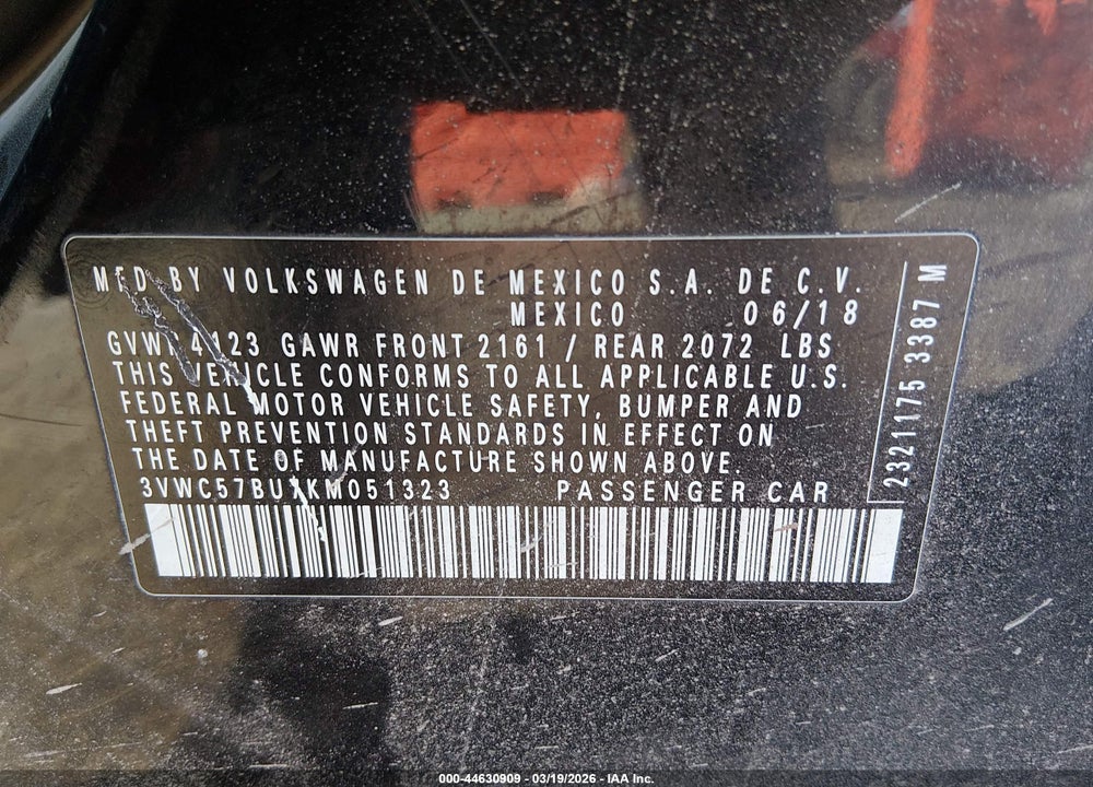 2019 VOLKSWAGEN JETTA 1.4T R-LINE/1.4T S/1.4T SE VIN: 3VWC57BU7KM051323