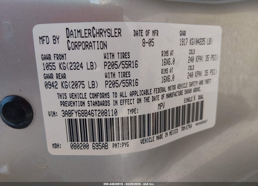 2006 CHRYSLER PT CRUISER LIMITED VIN: 3A8FY68B46T208110