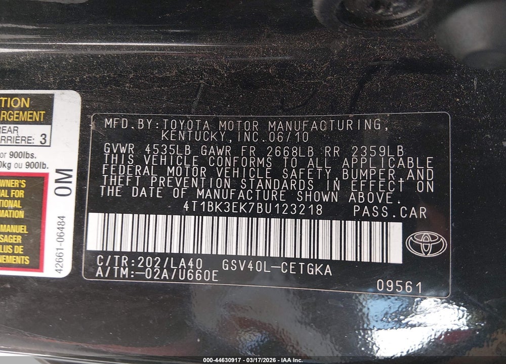 2011 TOYOTA CAMRY XLE V6 VIN: 4T1BK3EK7BU123218