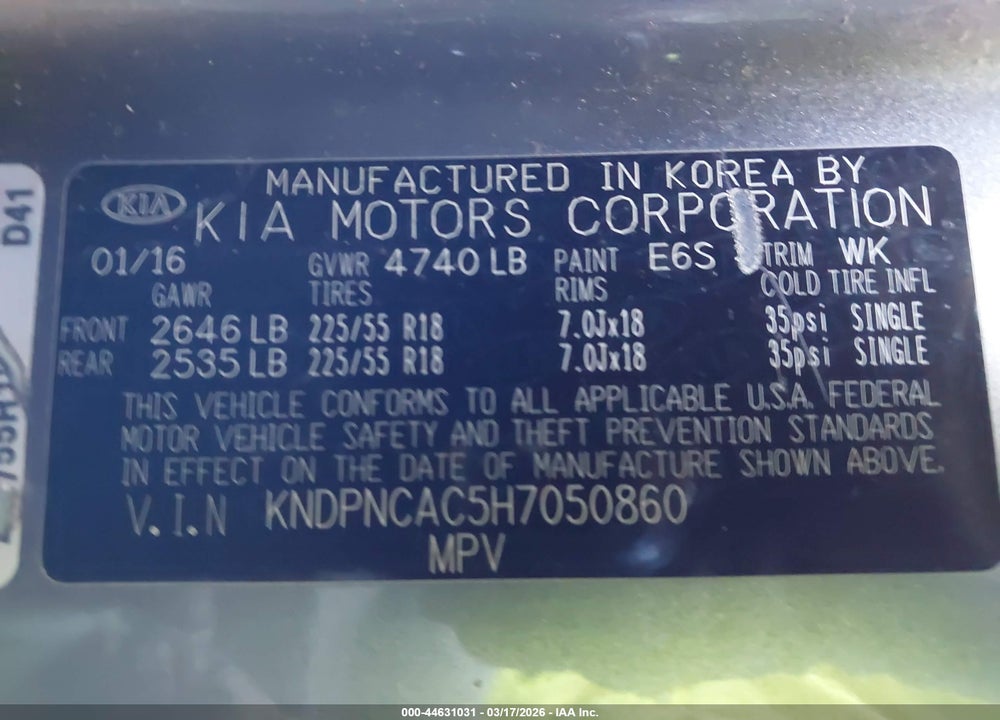 2017 KIA SPORTAGE EX VIN: KNDPNCAC5H7050860